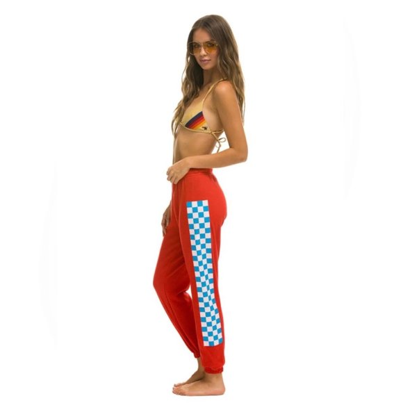 Aviator Nation Sweats in Cherry Red and Turqoise / White Check - NWT